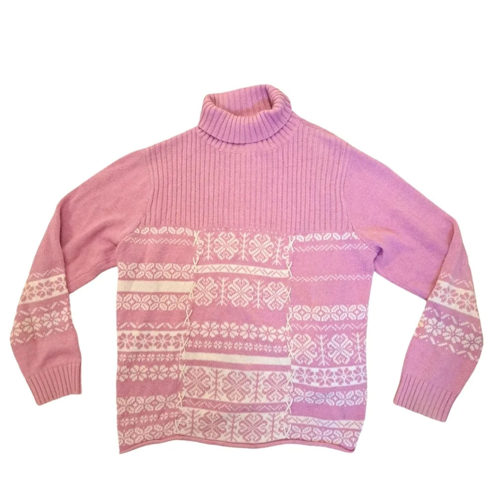 Vintage Sag Harbor Pink White Knit Turtleneck Hearts Geometric Sweater Size XL